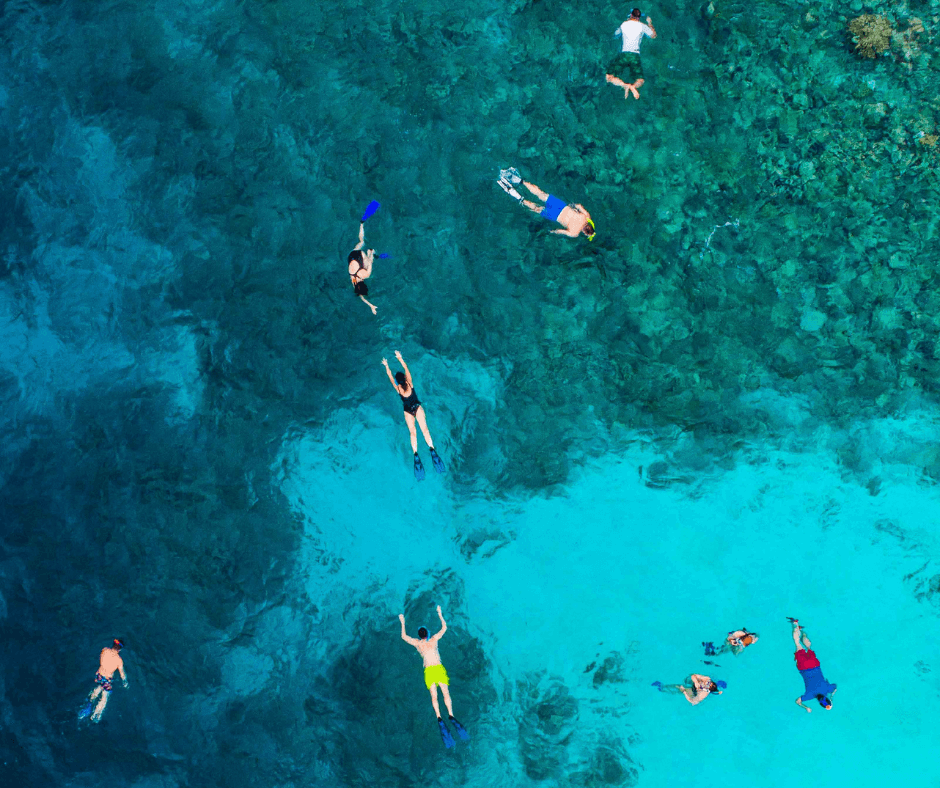 Menschen in bunten Schwimmsachen, die im Meer schnorcheln und mit Schwimmflossen ausgestattet sind. 