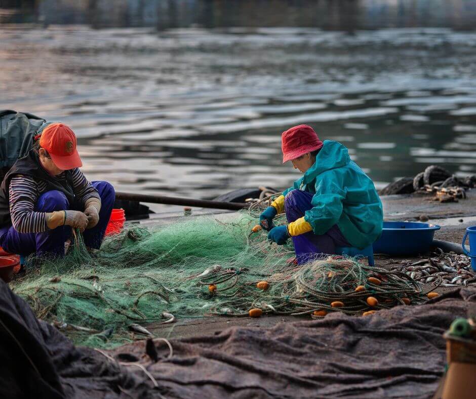 Beeinflusst der High Seas Treaty die Fischerei? Zwei Fischer an Land mit einem grünen Fischernetz, in dem man vereinzelt Fische sieht. Sie haben beide Kopfbedeckungen auf. im Hintergrund sieht man Wasser.
