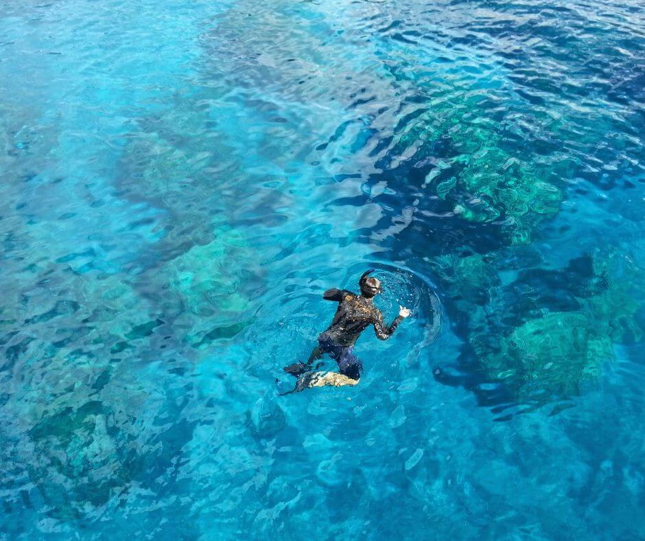 Ein Mann beim Schnorchelurlaub auf Mallorca im Meer. Unter ihm sieht man eine Unterwasserwelt.