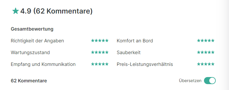Screenshot der Bewertungen eines Bootseigners mit Bootseigner auf der Click&Boat-Seite, um einen Tagescharter buchen zu können.