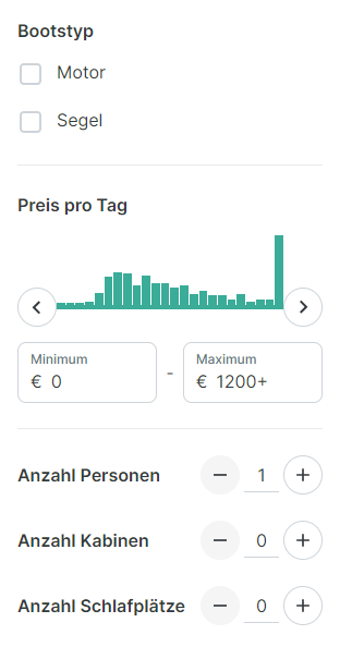 Screenshot der Filter auf der Click&Boat-Seite, um einen Tagescharter buchen zu können.