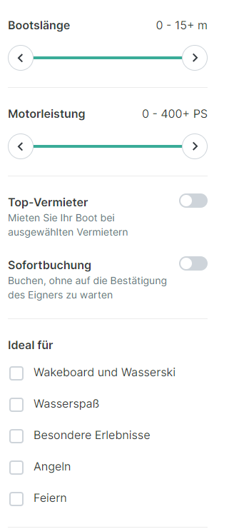 Screenshot der Filter auf der Click&Boat-Seite, um einen Tagescharter buchen zu können.