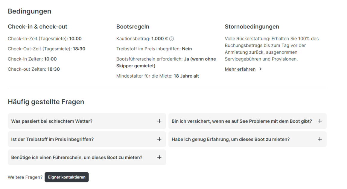 Screenshot der Bedingungen auf der Click&Boat-Seite, um einen Tagescharter buchen zu können.