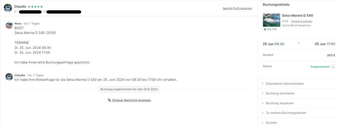 Screenshot Kontaktaufnahme mit Bootseigner auf der Click&Boat-Seite, um einen Tagescharter buchen zu können.