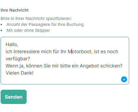 Screenshot Kontaktaufnahme mit Bootseigner auf der Click&Boat-Seite, um einen Tagescharter buchen zu können.