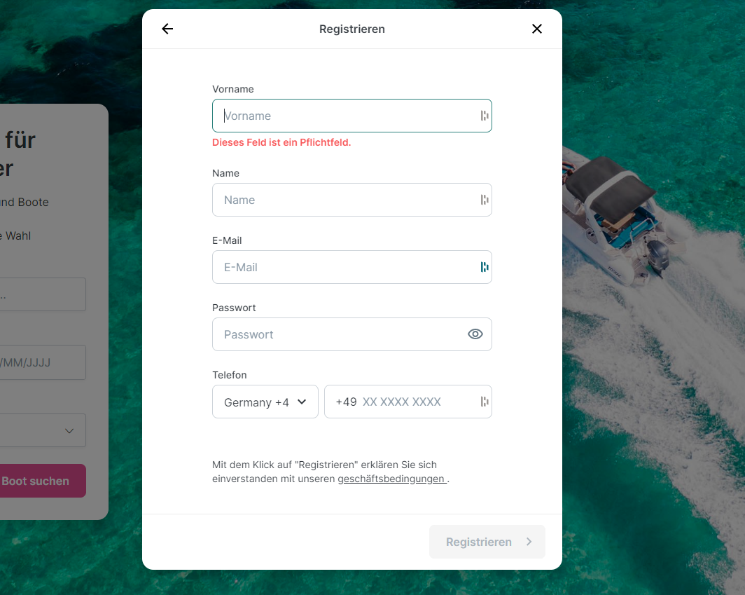 Screenshot der Registrierung auf der Click&Boat-Seite, um einen Tagescharter buchen zu können.