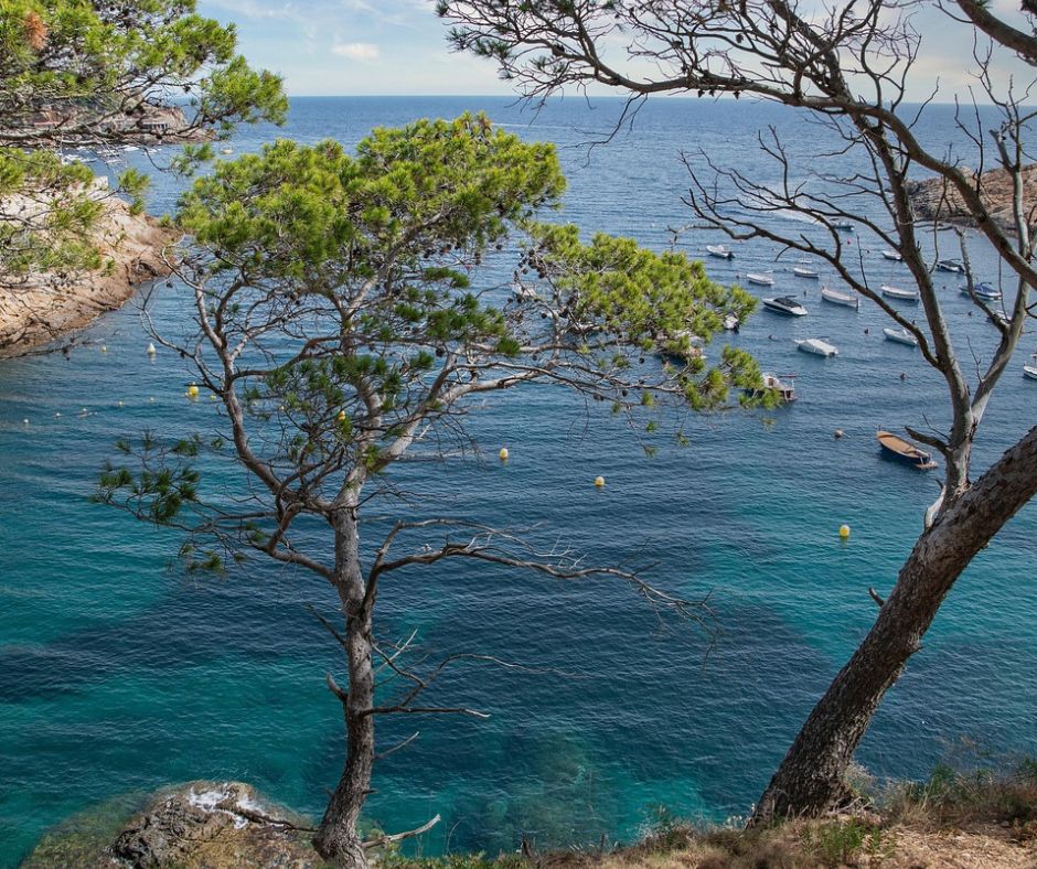 Boote in türkisblauer Bucht an der Costa Brava