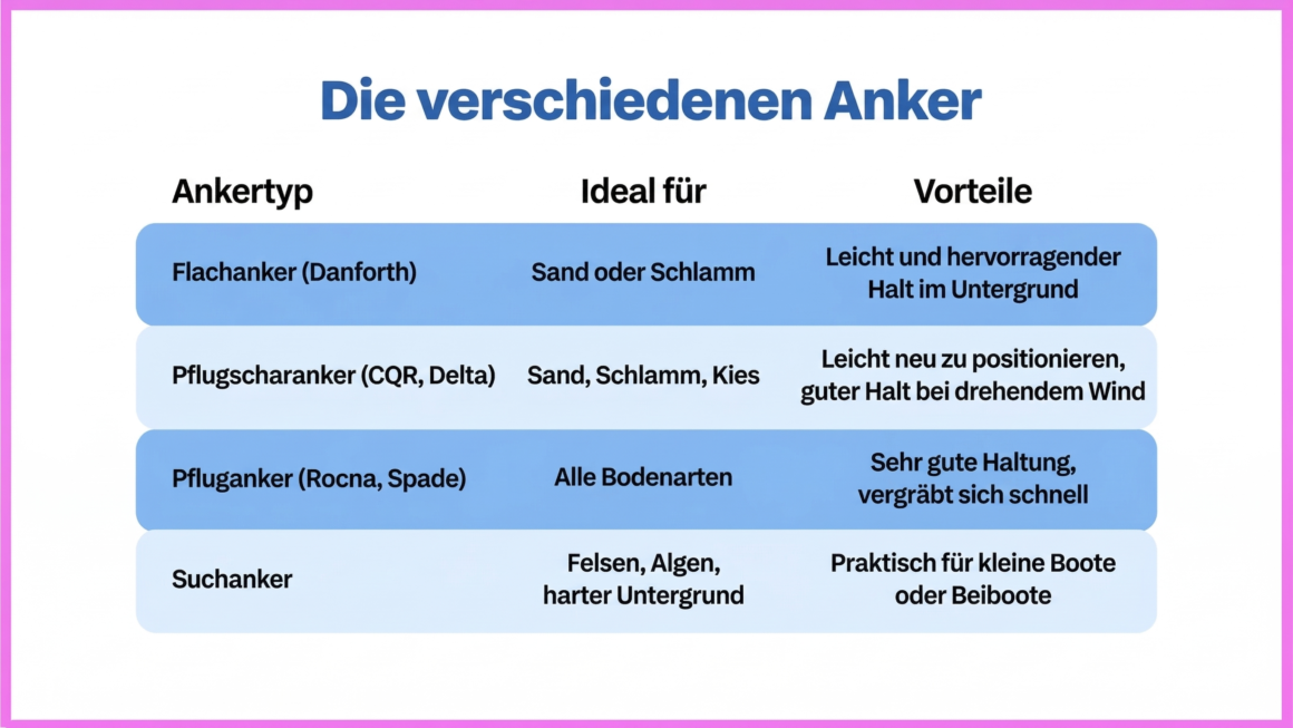 Übersicht verschiedener Ankertypen für Boote