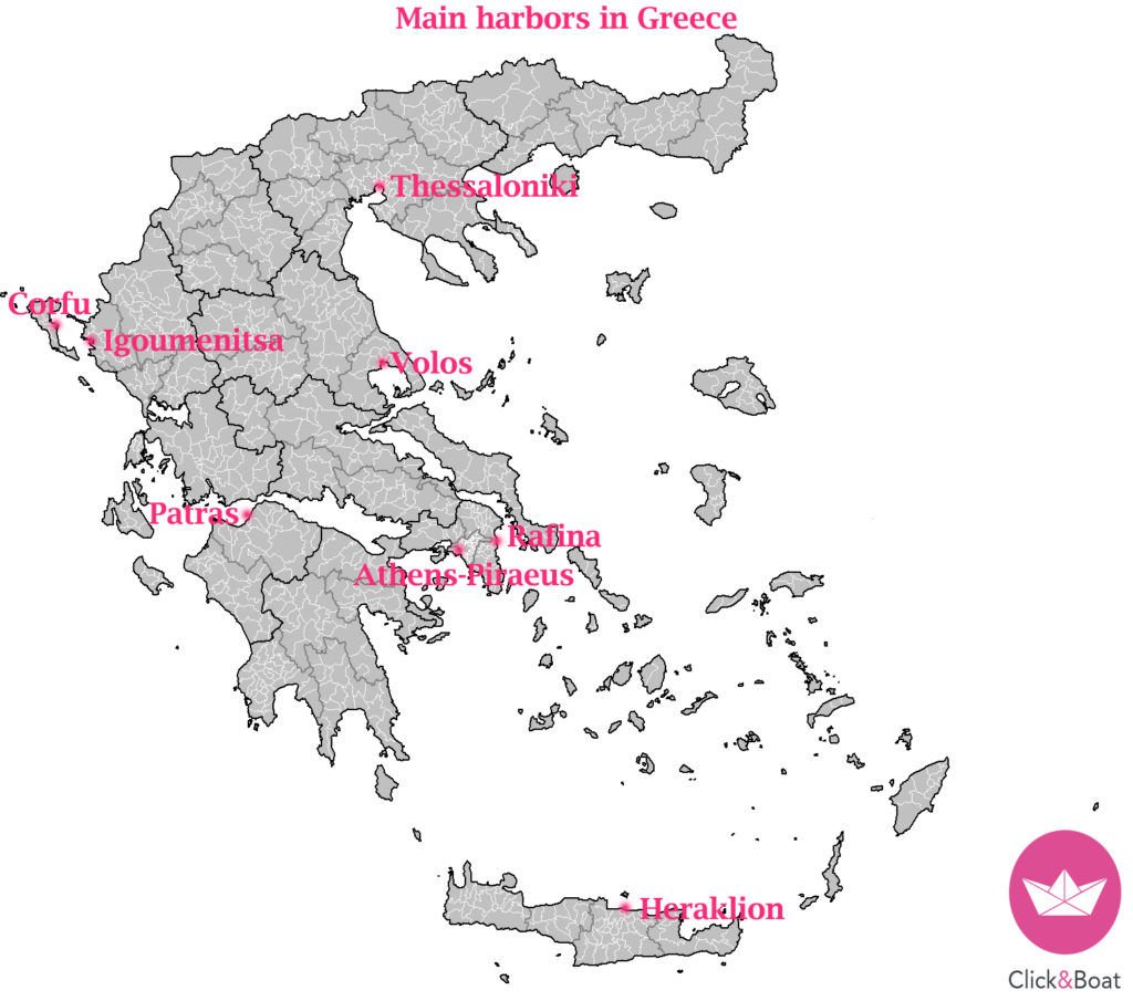 visit greece, map of main harbours in Greece