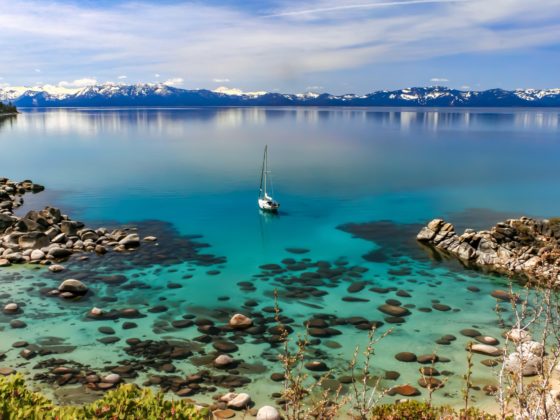 Sailboat in the middle of Lake Tahoe