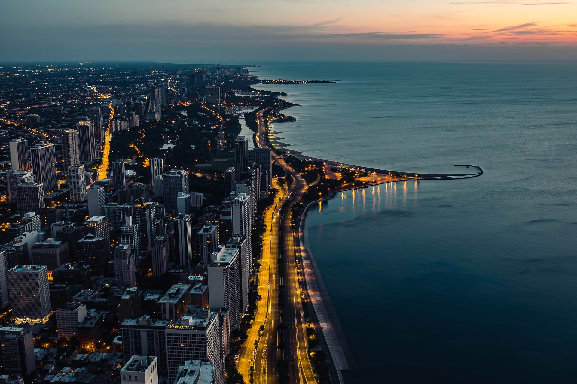 Chicago At Night On The Coast Of Lake Michigan 