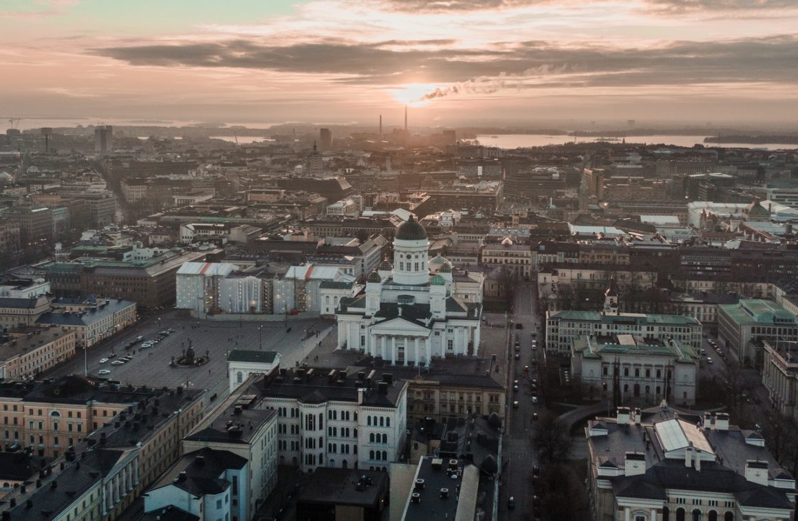 An Arial view of Helsinki as the sun sets.