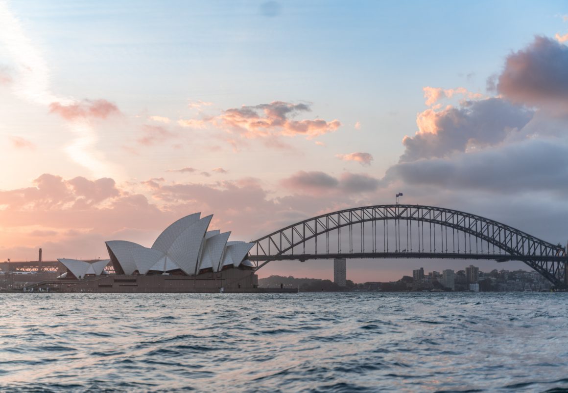 Sydney Harbour at sunset, view of the Opera House and Harbour Bridge