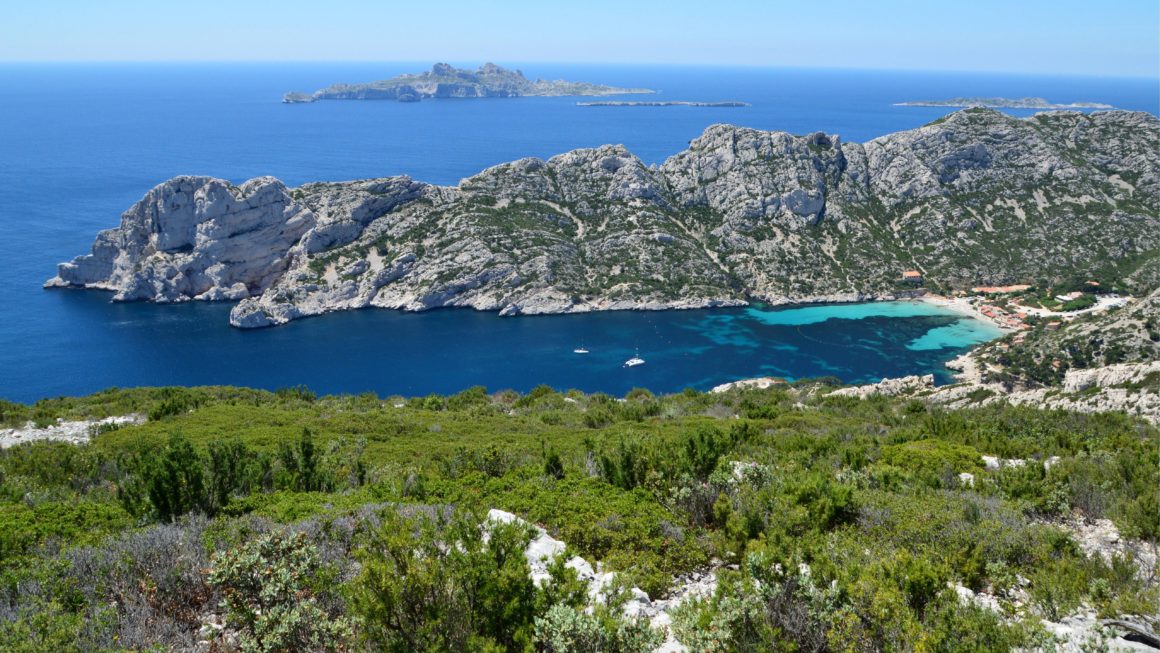 Viewpoint of the Calanques in Marseille. View of the rugged coastline, sheltered coves and crystal-clear water. 