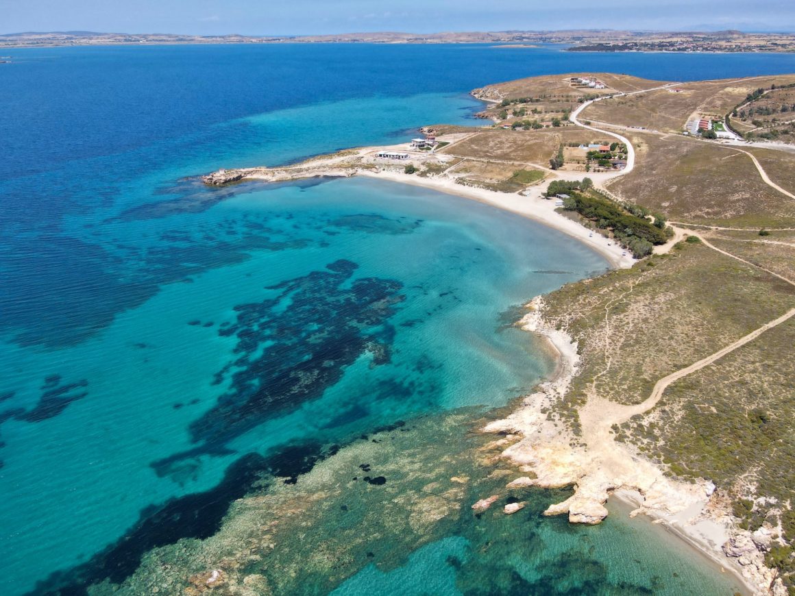 Aerial view of Fanaraki beach, one of the best European beaches, with white sand beach and turquoise water