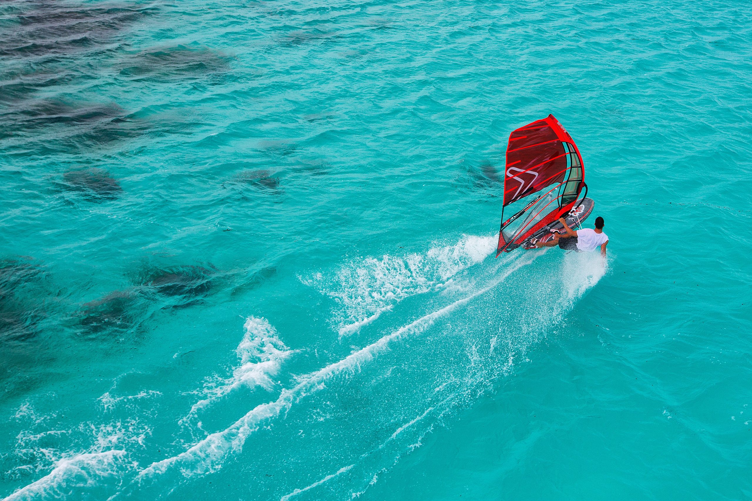 Aerial view of a windsurfer
