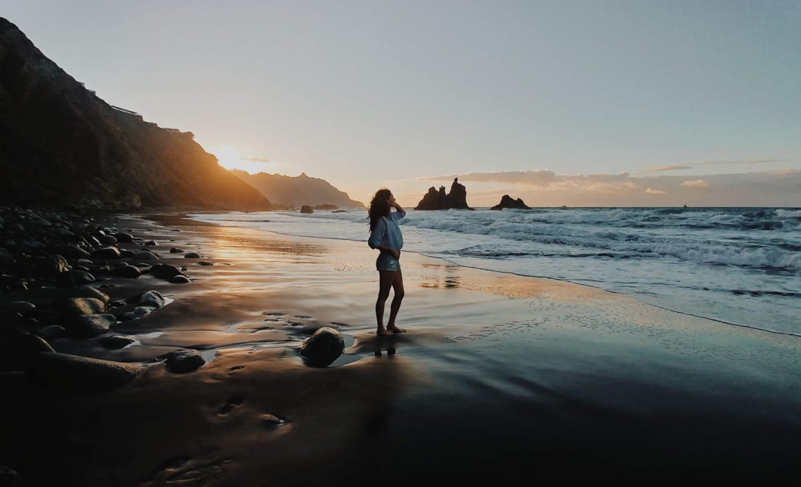 Sunset view on a black sand beach