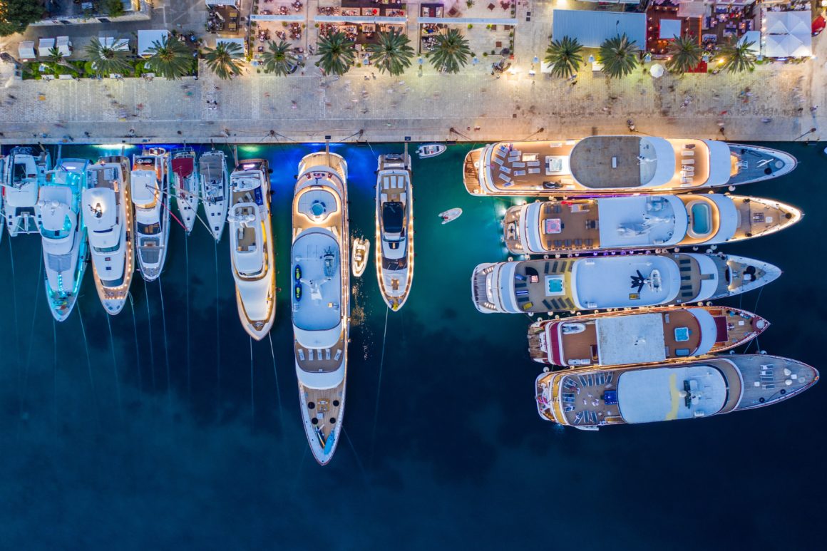 Aerial view of yachts docked at a marina