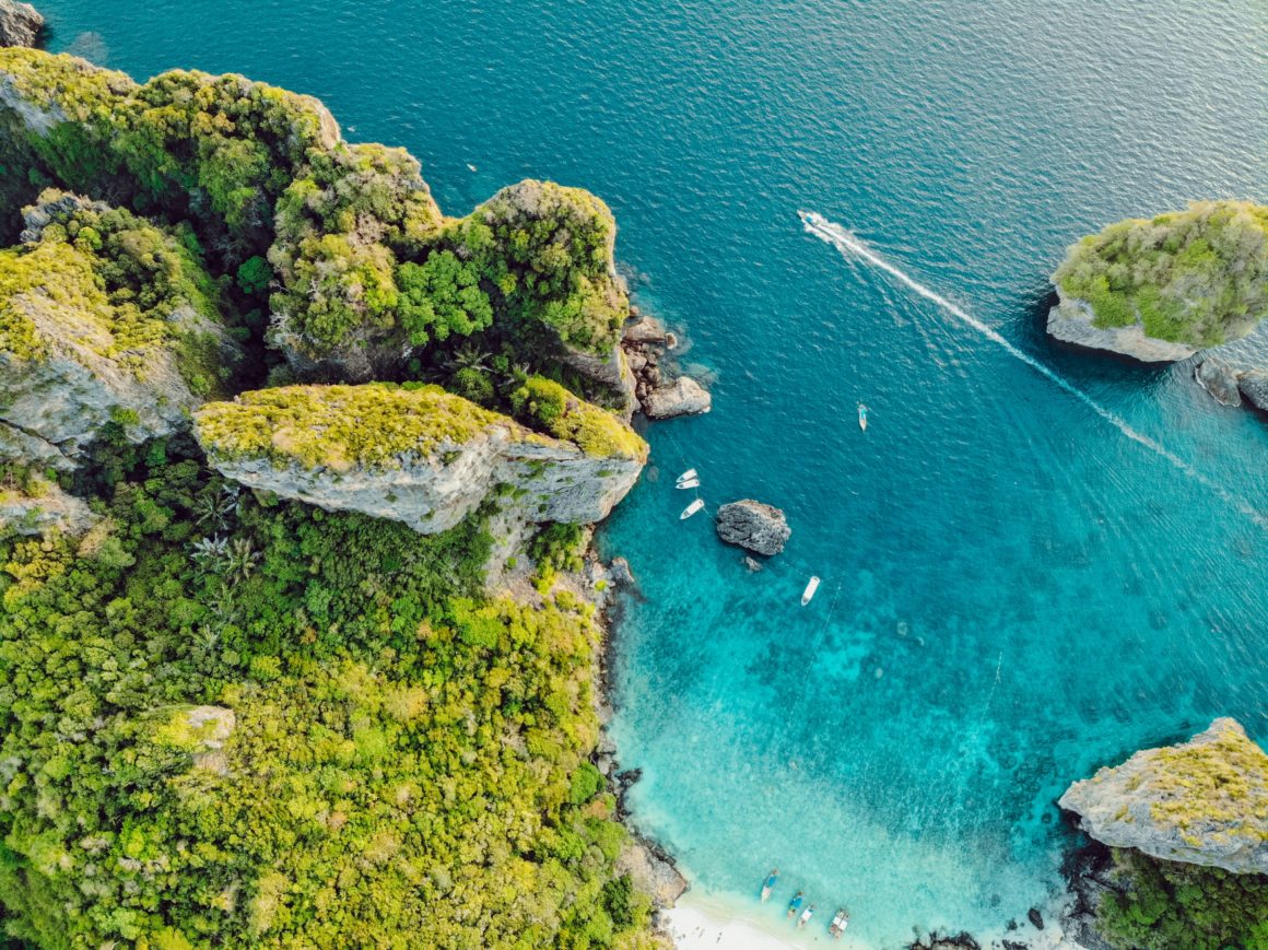 Aerial view of multiple boats and green cliffs