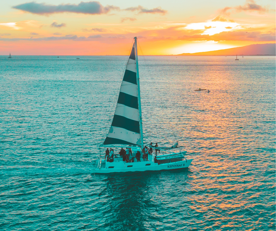 catamaran sailing into the sunset
