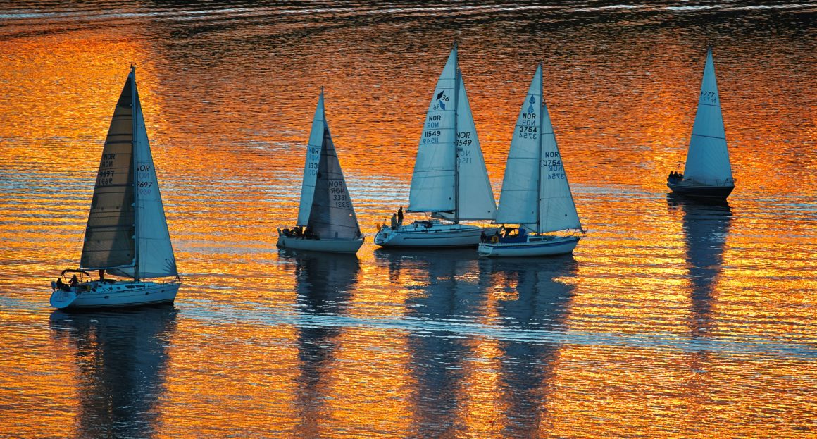 5 sailboats sailing in water as the sun sets