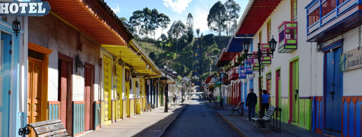 Typical Colombian style street with colorful and classic Colombia architecture.