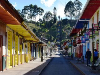 Typical Colombian style street with colorful and classic Colombia architecture.