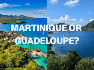 Split image comparing bays in Martinique and Guadeloupe with title Martinique or Guadeloupe