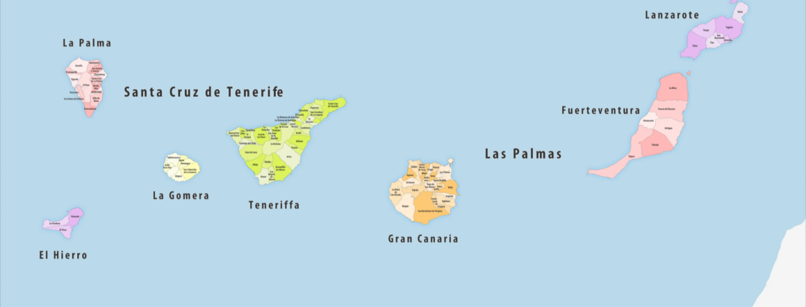 Illustrated map of the Canary Islands showing La Palma, El Hierro, La Gomera, Tenerife, Gran Canaria, Fuerteventura and Lanzarote with their main municipalities.