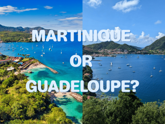 Split image comparing bays in Martinique and Guadeloupe with title Martinique or Guadeloupe