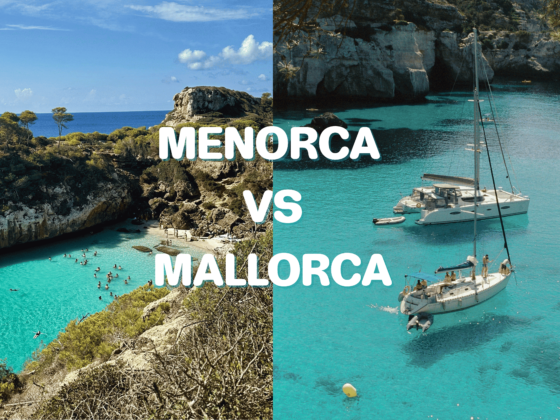 Split image showing a turquoise cove in Menorca on the left and boats anchored in clear blue water in Mallorca on the right, with the text “Menorca vs Mallorca”.