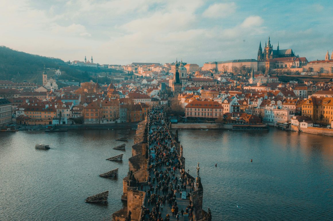 View of Charles Bridge and Prague Castle seen from the Vltava River.