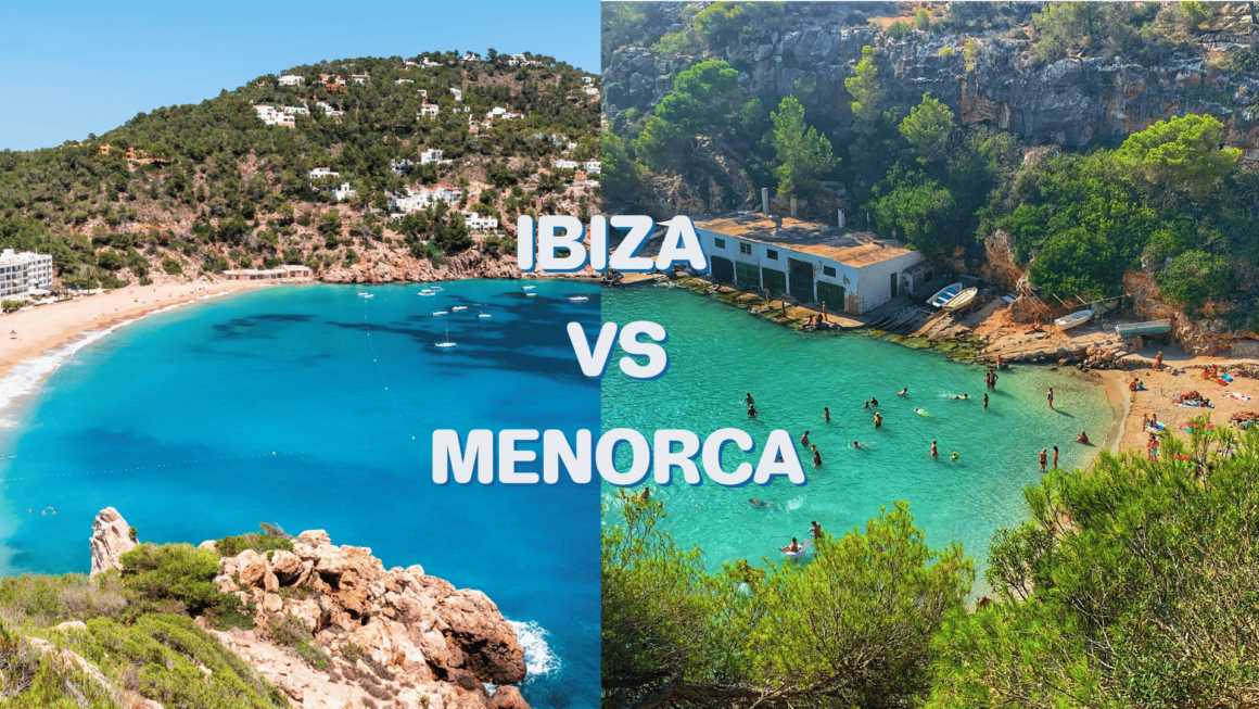 Split image comparing a wide Ibiza beach with a small cove in Menorca.