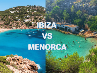 Split image comparing a wide Ibiza beach with a small cove in Menorca.