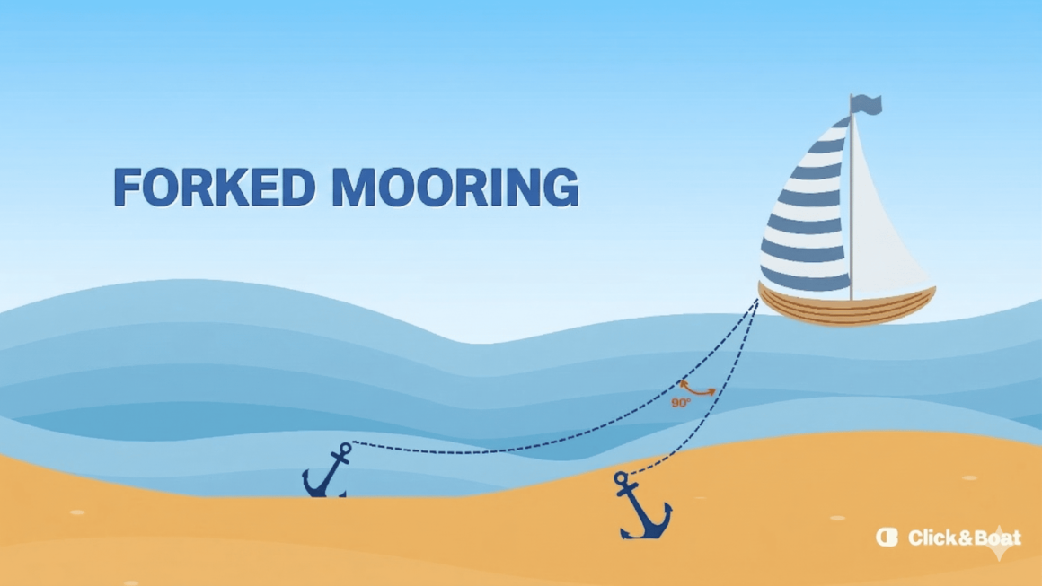 Illustration of forked anchor mooring.