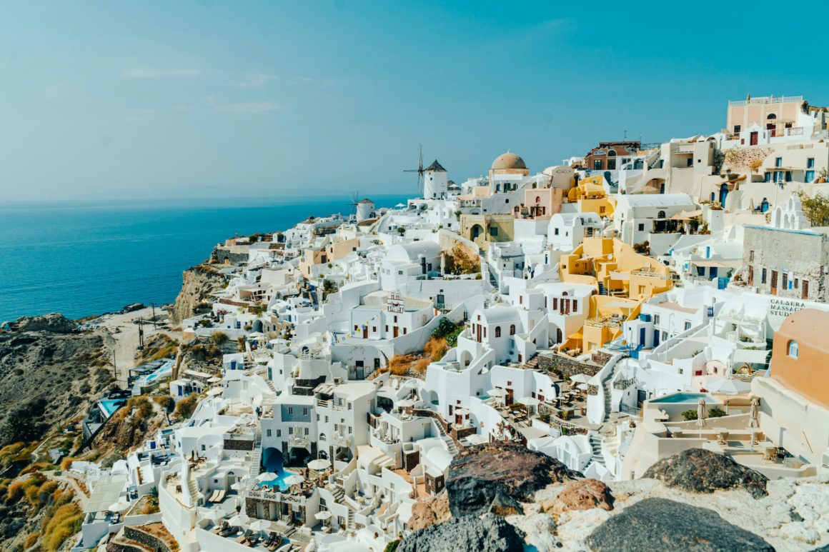 White cliffside village of Oia in Santorini.