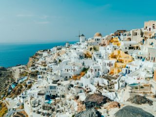 White cliffside village of Oia in Santorini.