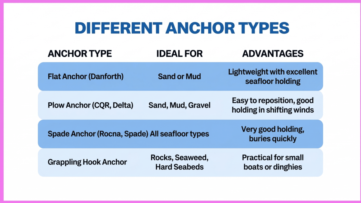 Boating anchor comparison chart infographic.