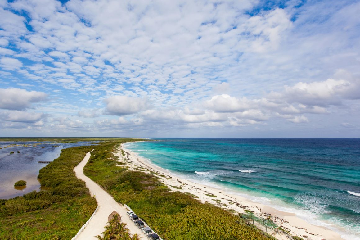 Aerial Caribbean coastline and beach.