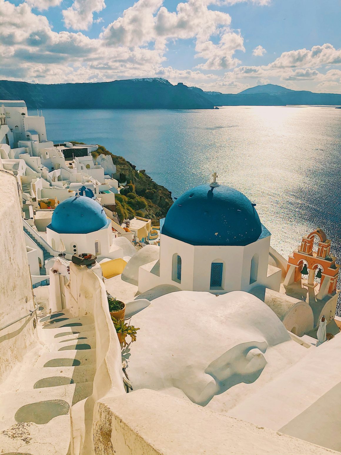 Iconic blue-domed churches in Santorini.