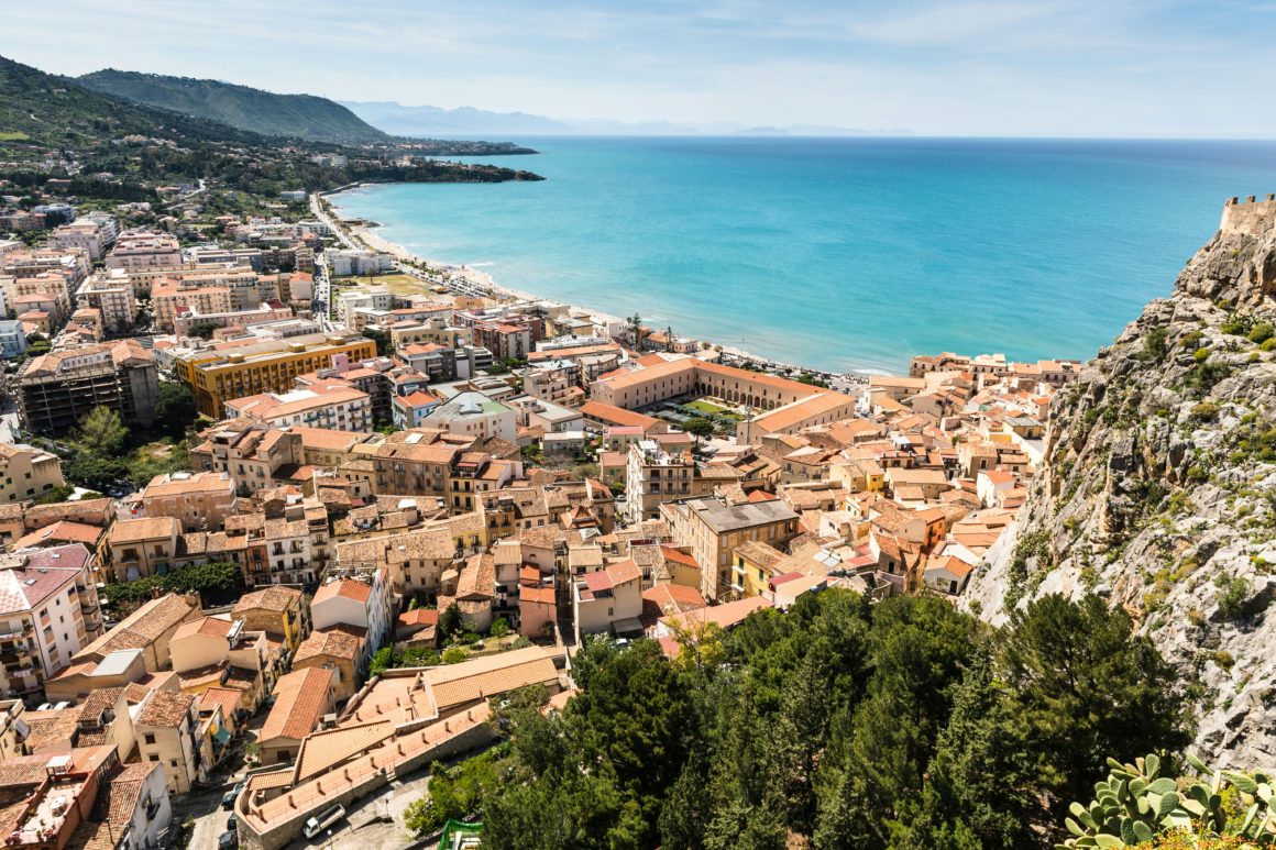 Aerial view of the coastal town of Cefalù in Sicily.