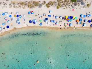 Aerial view of crowded beach.