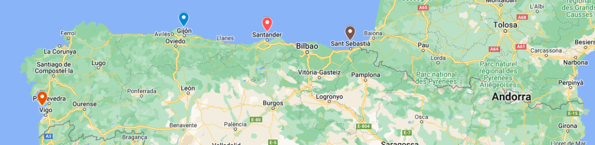 Mapa del norte de España con las ubicaciones de los lugares seleccionados.