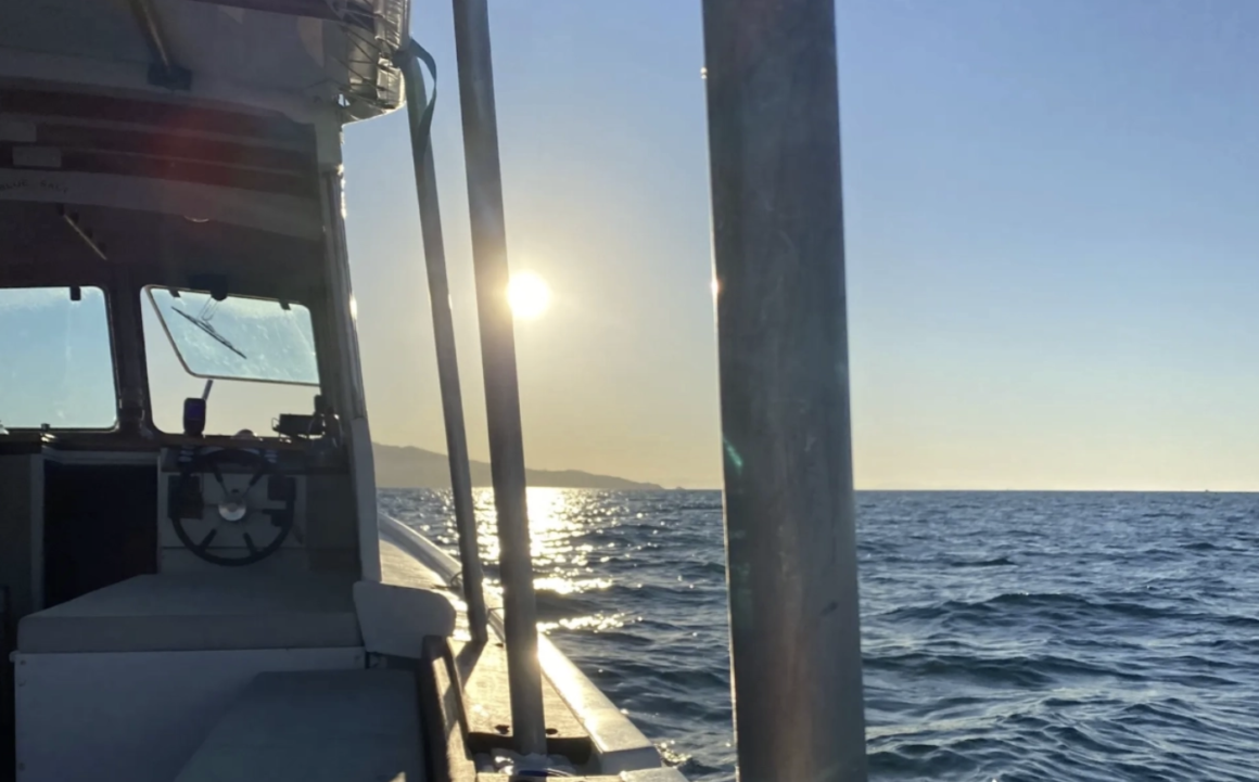 Atardecer dorado desde un barco.