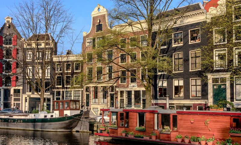 Canale di Amsterdam con houseboat, alberi e edifici tipici 