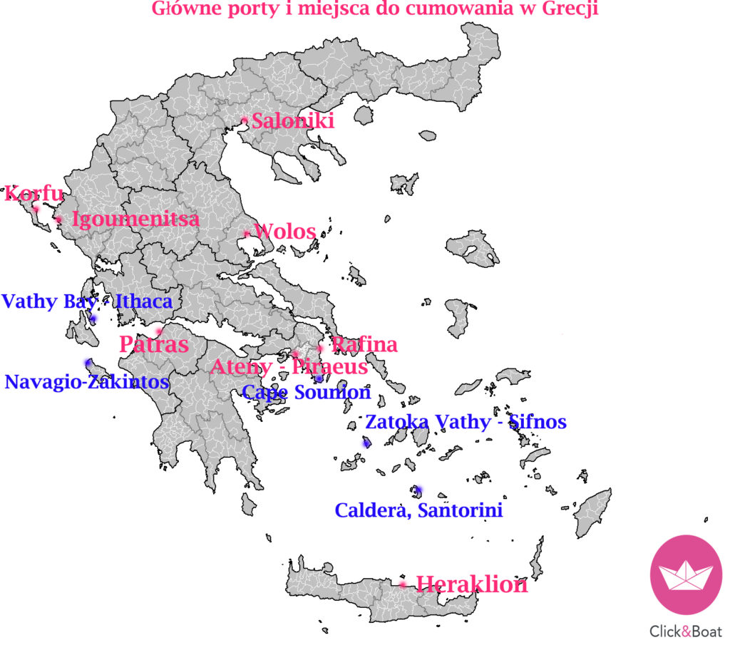 Mapa głównych portów w Grecji
