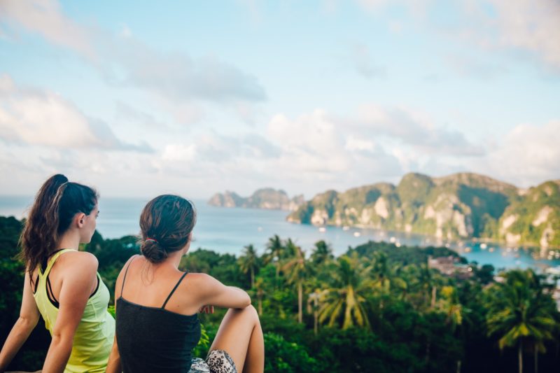 Two Girls Hiking and Admiring the View