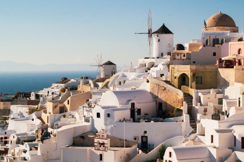 View of homes and windmills in Santorini