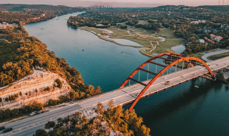 Birdseye view of Austin Texas bridge and Lake Travis boat rental