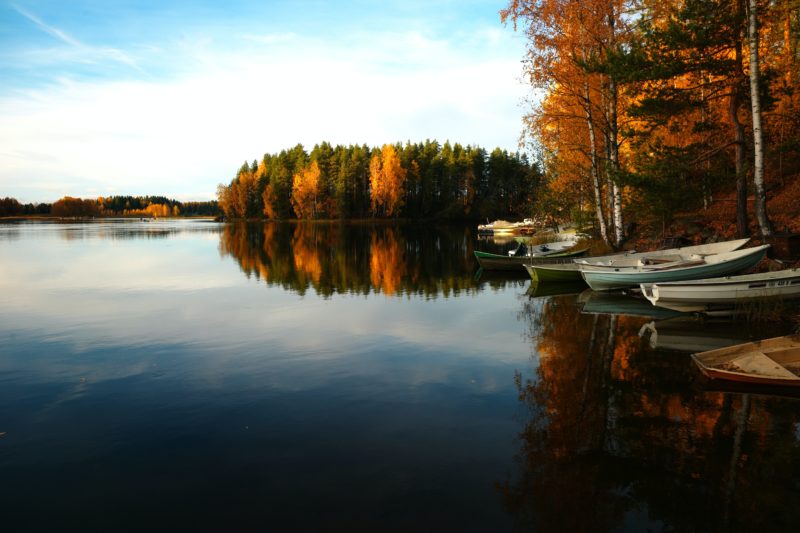 Fall destination with canoe boat rentals and colorful trees